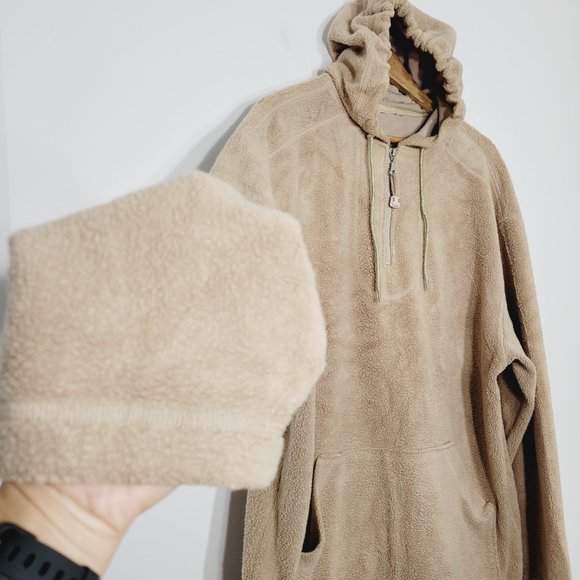 Fleece Sherpa Hoodie Oversized Sweater Khaki Tan Sweatshirt Cinch Waist Kangaroo - Picture 2 of 12